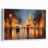 Vintage poster art of Paris skyline in colorful hues on large framed canvas, ideal for living room decor.
