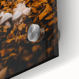 Large abstract wall art in warm autumn hues on acrylic glass, ideal for dining room art.