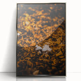 Mid-century modernist art depicting autumn trees in orange and red tones on a framed acrylic print.