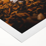 Art deco poster featuring a stylized fall scene in orange and brown hues on rolled canvas, suitable for dining room decor.