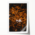 Fall-themed floral art on rolled print, featuring warm orange and brown tones, ideal for dining room wall decor.