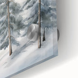 Large abstract wall art in cool blue and white tones on acrylic glass, ideal for dining room ambiance.