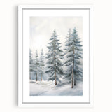 Abstract art print depicting winter scene in muted blue and white tones on a framed canvas, suitable for dining room decor.