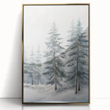 Mid-century modernist winter scene on large framed acrylic print, featuring muted blue and white tones.