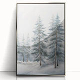 Mid-century modernist art depicting a winter scene in muted blues and whites on a framed acrylic.