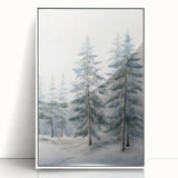 Art deco poster featuring a stylized winter scene in muted blue and white tones on a framed acrylic.