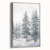 Winter landscape art painting on framed canvas, featuring muted blue and white tones, ideal for living room decor.