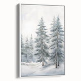 Vintage poster art of a winter scene on framed canvas, featuring muted blue and white tones, ideal for living room decor.