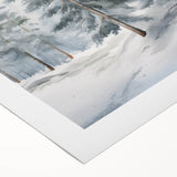 Art deco poster featuring a winter scene with muted blue and white tones on rolled canvas, suitable for dining room decor.