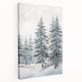 Winter scene with snow-covered trees on large stretched canvas, using cool blue and white tones.