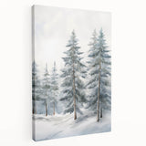 Winter scene with snow-covered trees on large stretched canvas, using cool blue and white tones.