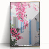 Large art print of a mid-century modernist summer scene in vibrant colors on framed acrylic.