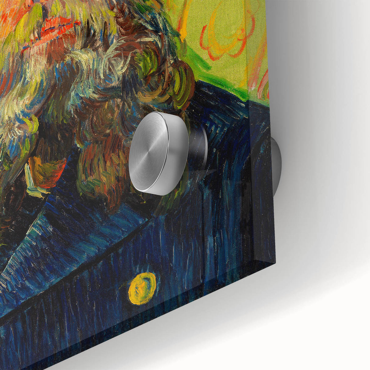 Large abstract wall art on acrylic glass featuring swirling blue and yellow patterns, ideal for dining room ambiance.