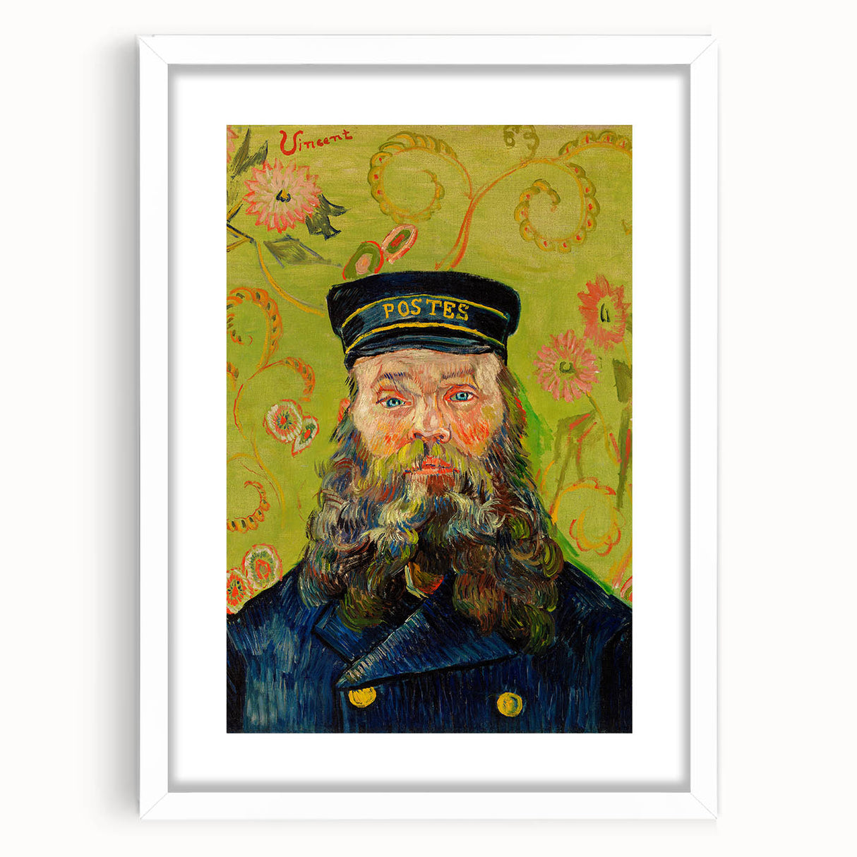 Textured abstract art print of swirling blues and yellows on a white framed canvas, ideal for bedroom art.