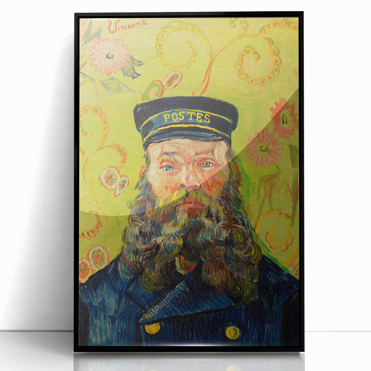 Large abstract wall art print featuring swirling blue and yellow patterns, framed in black acrylic.