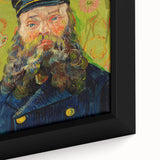 Close-up of a framed canvas featuring a textured, colorful interpretation of Van Gogh's style in black.