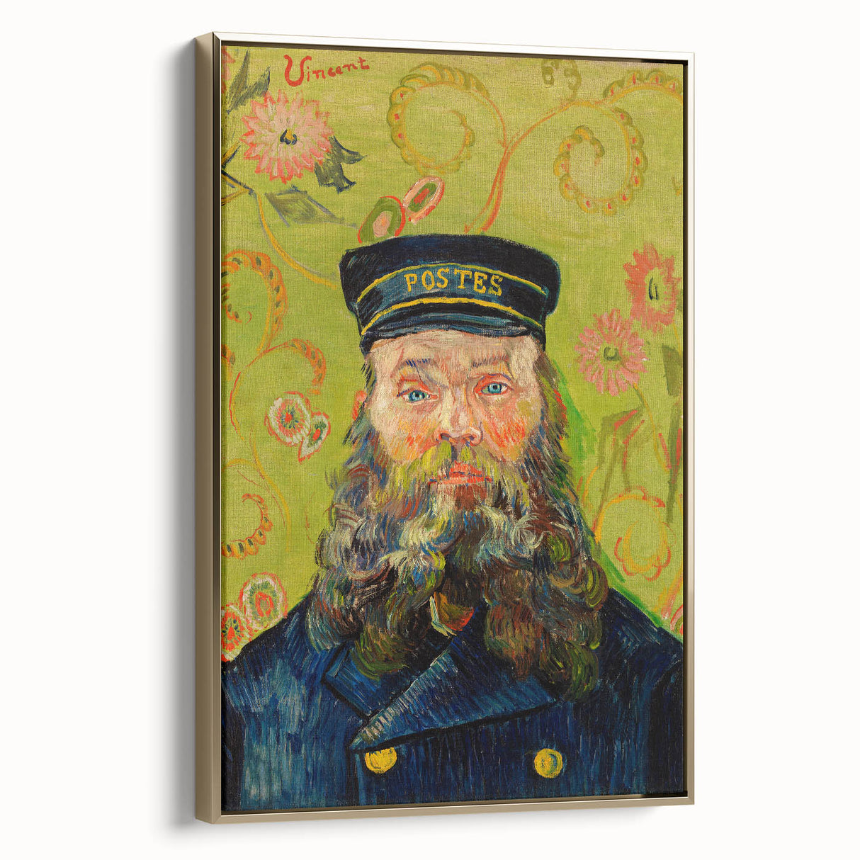 Side view of a framed canvas featuring a Van Gogh landscape painting in muted earth tones, ideal for bedroom wall art.