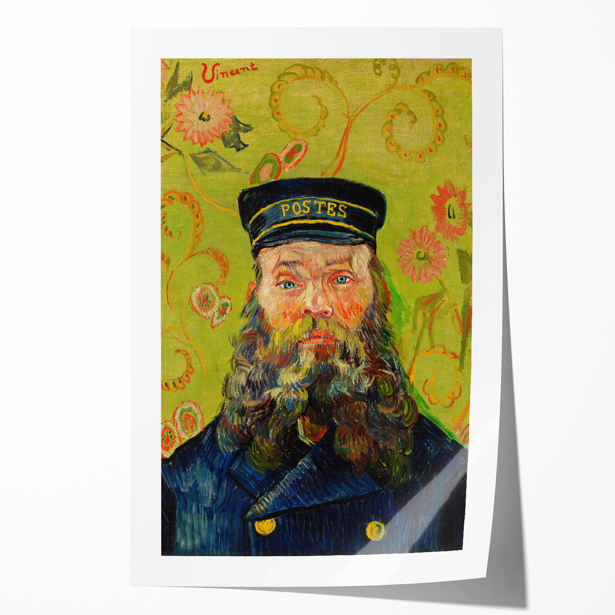 Van Gogh-inspired floral artwork on rolled canvas, featuring lush blue and green tones.