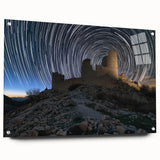 Acrylic glass artwork showcasing a vibrant landscape with a castle, presented in a side view, highlighting intricate details and sturdy installation pins for easy display. Perfect for enhancing home decor with a touch of elegance and color.