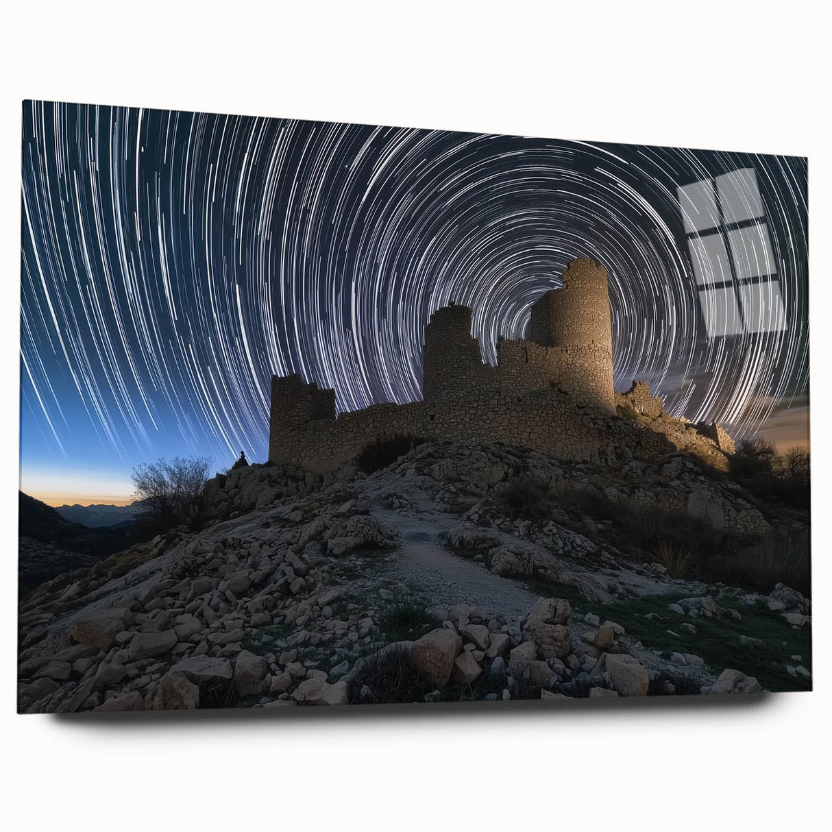 Acrylic glass artwork showcasing a stunning side view of a medieval castle surrounded by lush landscapes, perfect for home decor or office aesthetics.