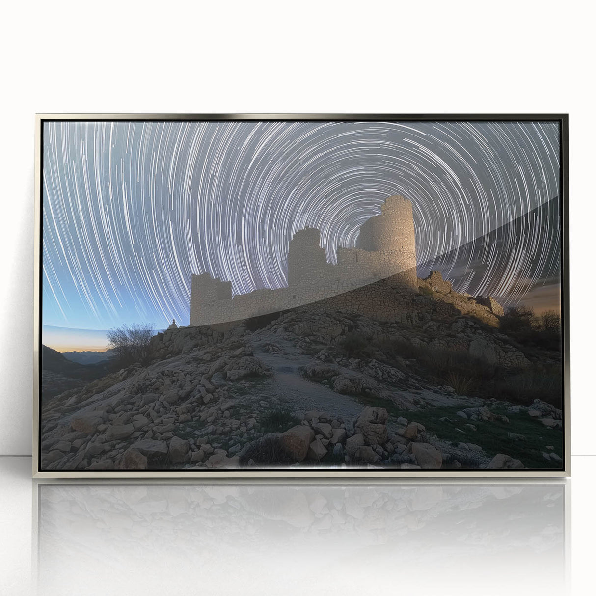 Framed acrylic artwork featuring a stunning landscape of a picturesque castle, highlighted by silver accents and a sleek modern design. Ideal for enhancing home decor.