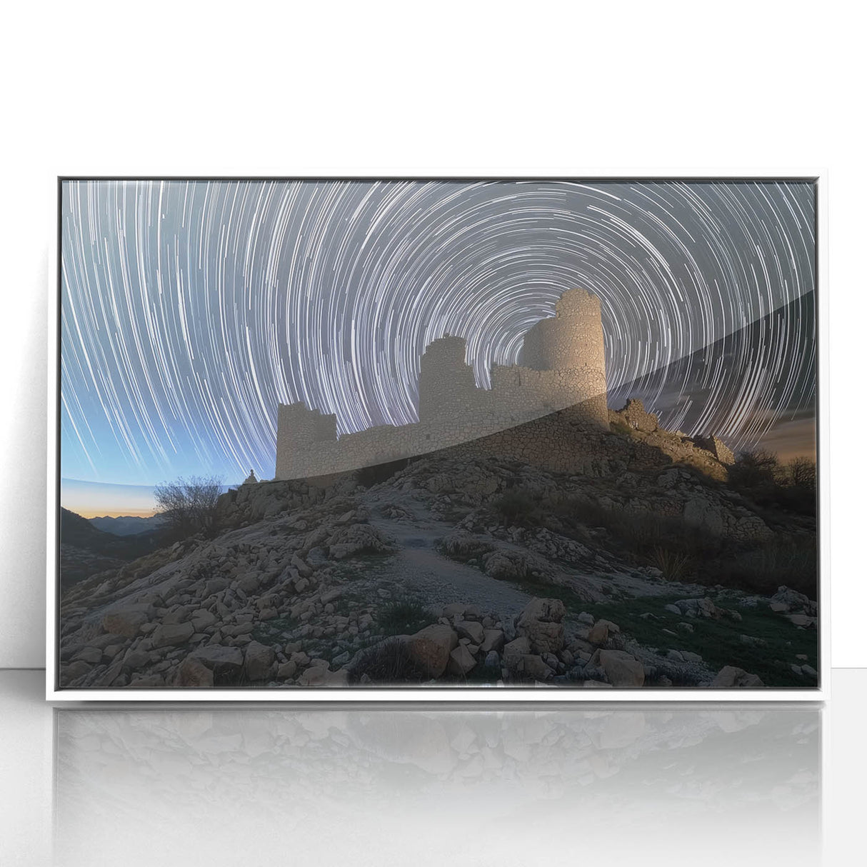 Framed acrylic artwork showcasing a serene landscape with a majestic castle, set against a vibrant sunset. The piece features a white frame, enhancing its elegance and making it perfect for home decor or office spaces. Ideal for those seeking to add a touch of classic beauty to their environment.