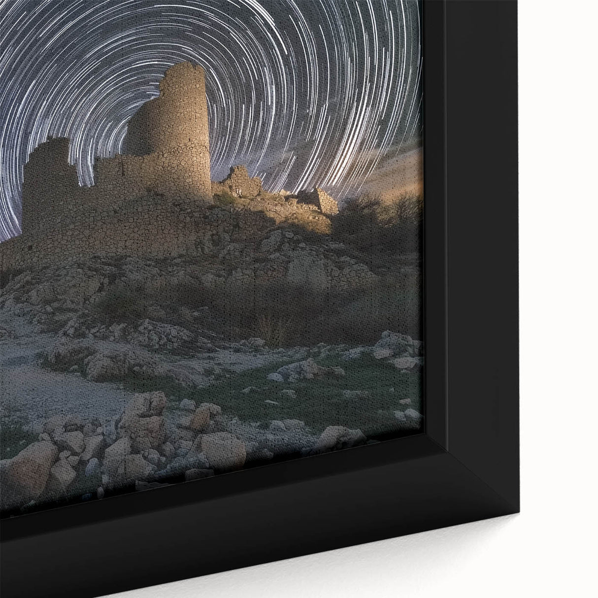 Close-up of a framed canvas print depicting a picturesque castle landscape, showcasing vibrant colors and intricate details, perfect for home decor enthusiasts.