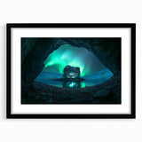 Black-framed landscape artwork showcasing a serene cave scene, elegantly matted for a polished finish, perfect for enhancing home decor or office aesthetics.