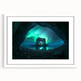 Framed landscape artwork featuring a cave scene with vibrant colors and intricate details, displayed with a white mat for an elegant presentation.