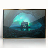 Framed acrylic artwork showcasing a vibrant landscape with caves, featuring gold accents. Ideal for modern home decor, adding a touch of elegance to any room.