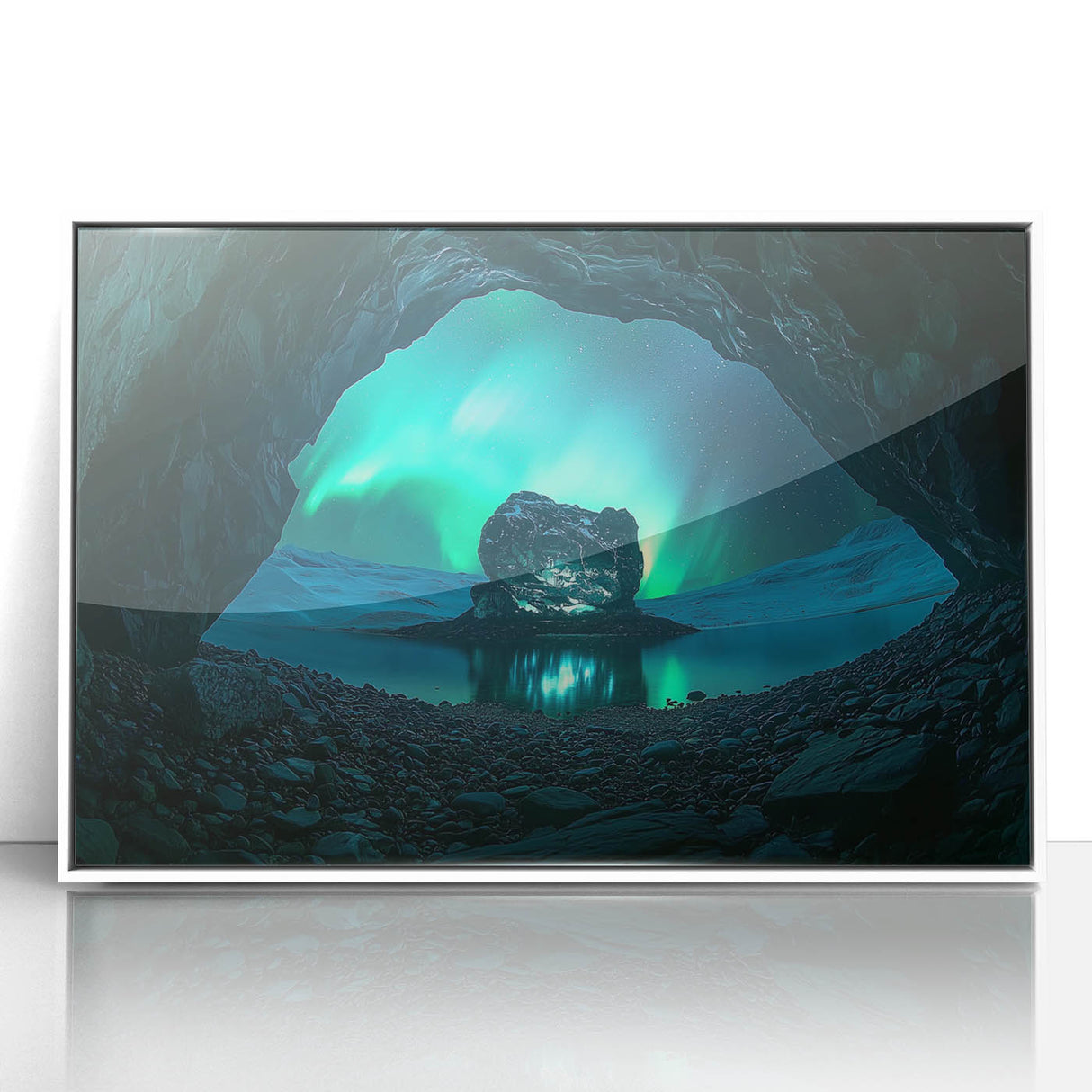 Framed acrylic artwork depicting a serene landscape with caves, featuring vibrant colors and intricate details, set against a crisp white frame to enhance its beauty.
