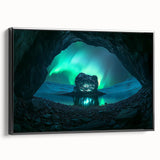 Framed canvas artwork depicting a stunning cave landscape, featuring rich earthy tones and intricate details, showcased from a black side view. Perfect for nature enthusiasts and art collectors.