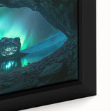 Close-up of a beautifully framed canvas depicting a serene landscape with intricate cave formations, featuring rich earth tones and textured details, perfect for home decor.