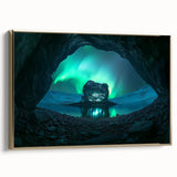 Framed canvas artwork depicting a stunning landscape with intricate cave formations, featuring a gold frame and side view showcasing its elegant design. Perfect for enhancing home decor.