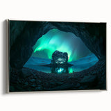 Framed canvas art depicting a scenic landscape with caves, featuring a silver frame, ideal for modern home decor, showcasing natural beauty and tranquility.