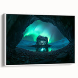 Framed canvas wall art showcasing a vibrant landscape scene featuring intricate caves, presented in a stylish white frame, ideal for enhancing modern home decor.