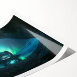 Rolled art print showcasing a stunning landscape of caves, featuring rich colors and intricate details, packaged securely in a protective cardboard tube for delivery.