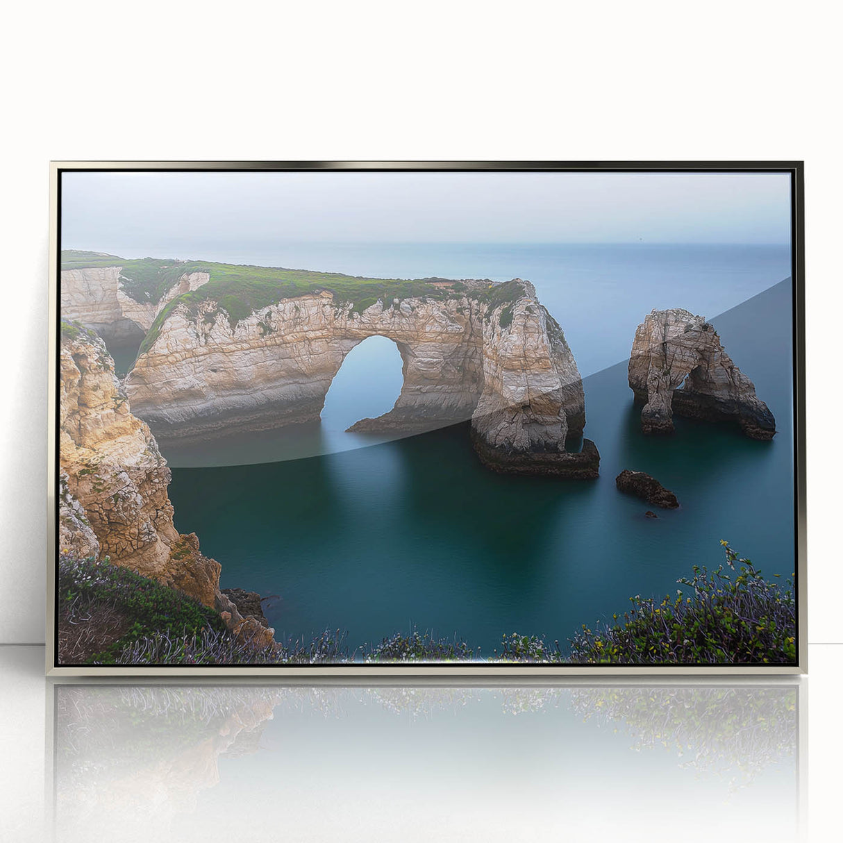 Framed acrylic landscape artwork depicting dramatic cliffs under a vibrant sunset, showcasing rich colors and fine details, perfect for home decor enthusiasts.