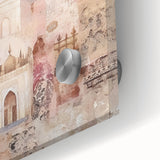 Close-up view of an abstract architectural wall art piece on acrylic glass, showcasing vibrant colors and intricate geometric patterns. Ideal for modern decor.