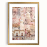 Abstract architecture wall art framed in gold with a mat, showcasing geometric patterns and vibrant colors, perfect for modern home decor accents.