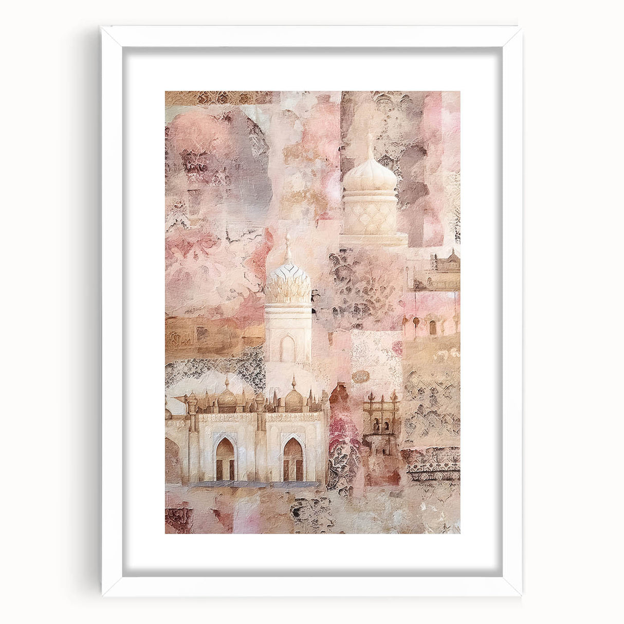 Abstract architectural wall art featuring geometric shapes and a modern design, framed with a white mat, enhancing contemporary decor aesthetics in any room setting.