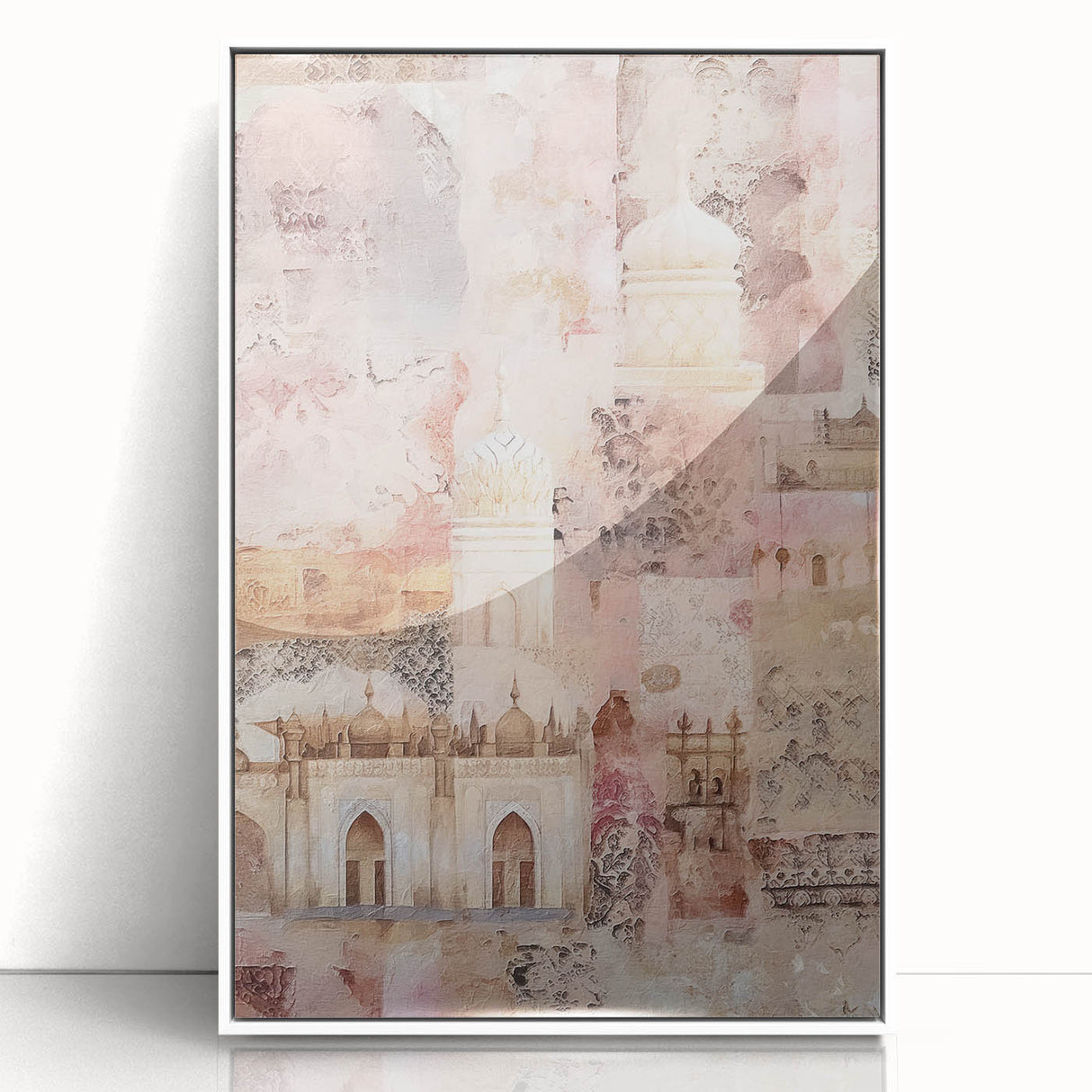 Framed abstract architecture wall art in white acrylic, showcasing geometric shapes and lines, perfect for modern home decor or office spaces.