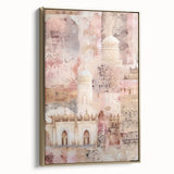 Framed canvas wall art showcasing abstract architecture design with gold accents, adding a modern touch to interior decor in a stylish setting.