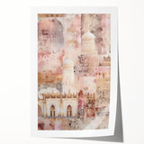 Abstract architecture wall art print showcasing geometric shapes in shades of blue and gray, rolled and ready for display, emphasizing modern design aesthetics.