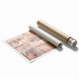 Abstract architectural wall art print showcasing geometric shapes and vibrant colors, elegantly rolled and packaged in a protective cardboard tube for easy display.