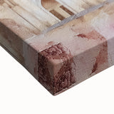 Abstract architectural wall art on stretched canvas, showcasing intricate geometric patterns in shades of blue and gold, perfect for modern decor.