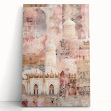 Abstract architecture wall art on stretched canvas, showcasing geometric patterns and vibrant colors, leaning against a modern interior wall. Ideal for contemporary decor.