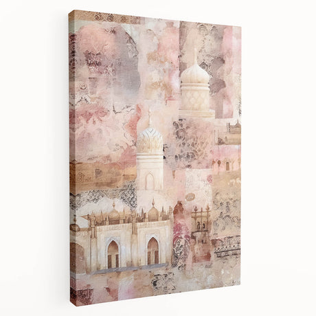 Abstract architectural wall art displayed on stretched canvas, showcasing geometric shapes and vibrant colors, ideal for modern home decor. The side view highlights the canvas texture and depth, enhancing visual appeal.