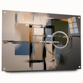 Abstract geometric acrylic glass artwork displayed from a side view, showcasing vibrant colors and intricate pin details, ideal for modern interior decor.