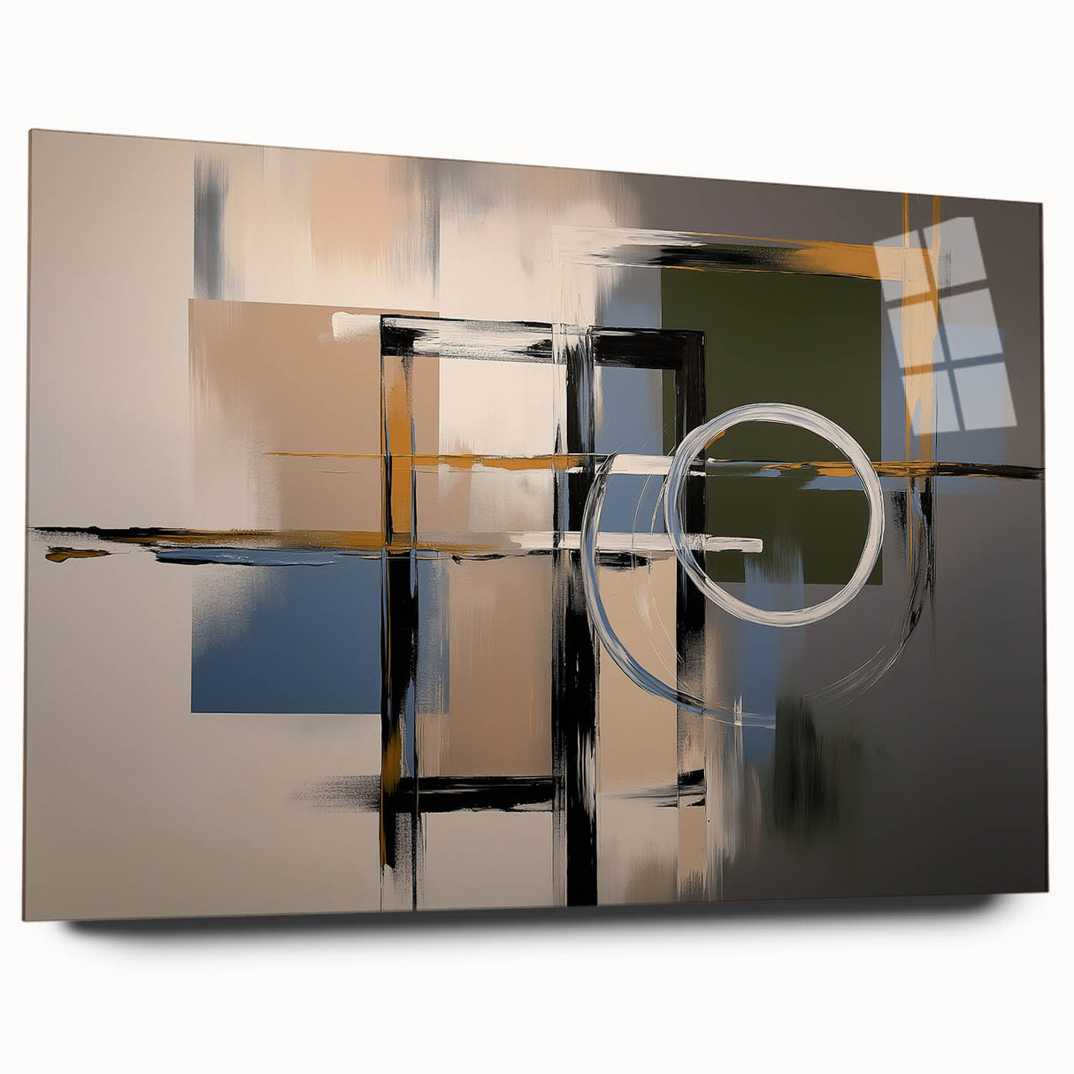 Abstract geometric acrylic glass artwork displaying vibrant colors and intricate patterns, shown from a side view, highlighting its modern design and sleek finish.